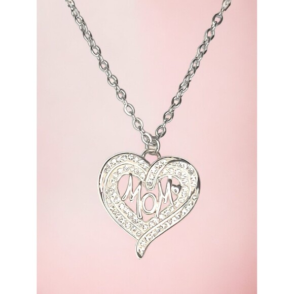 Rhinestone Heart Mom Pendant Charm Necklace Silver Tone 18" Signed LA - Picture 1 of 3